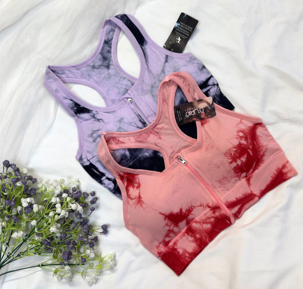 Front Zipper Tie & Dye Sports Bra
