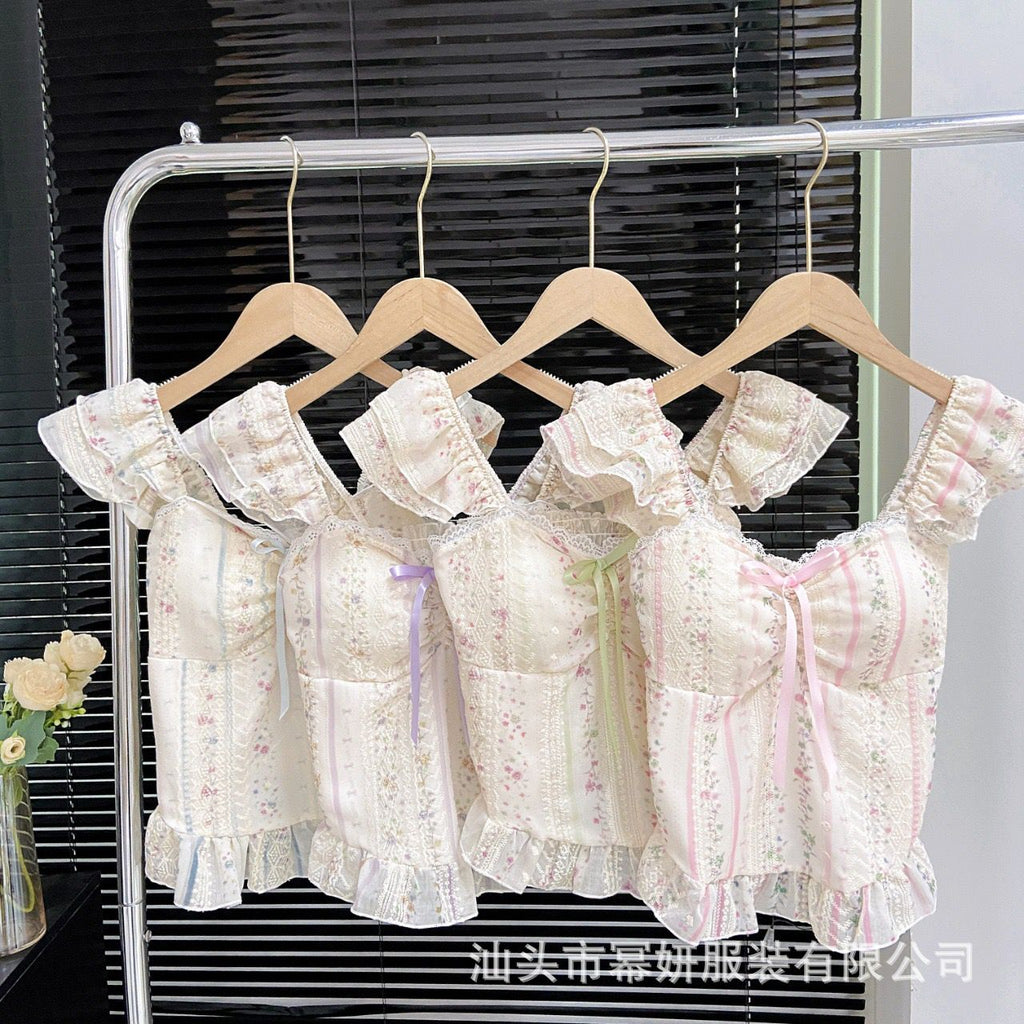 Floral Lace Corset Crop Top with Ruffle Sleeves, Sweetheart Neckline, Pastel Ribbon Detail, Fitted Bustier Style