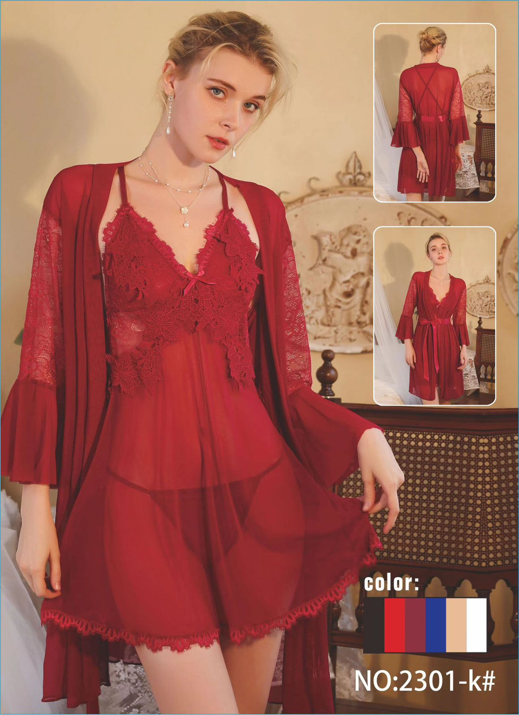 Red Lace Sheer Nighty With Gown