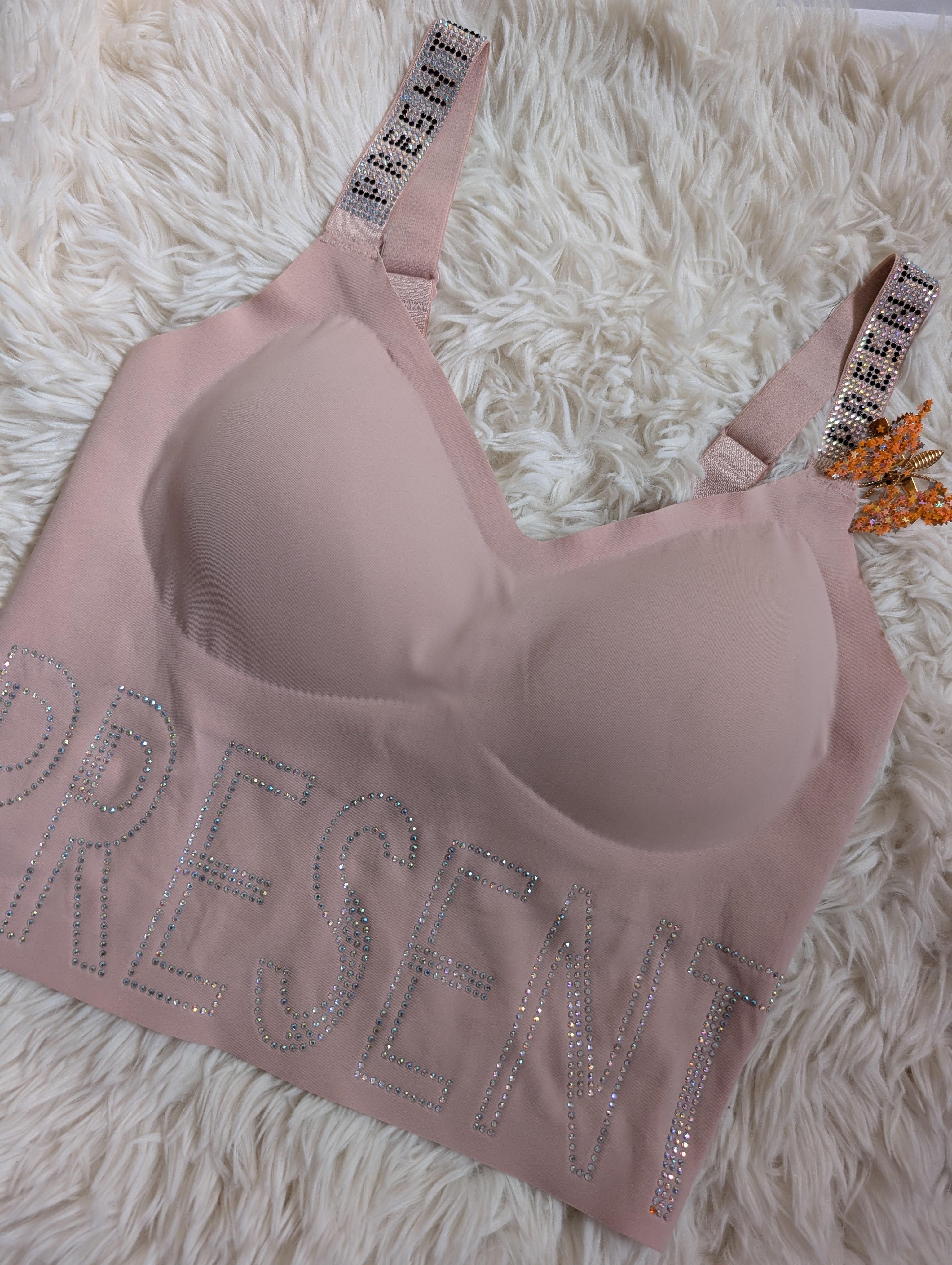 PRESENT" Rhinestone Embellished Padded Bralette Crop Top - Black