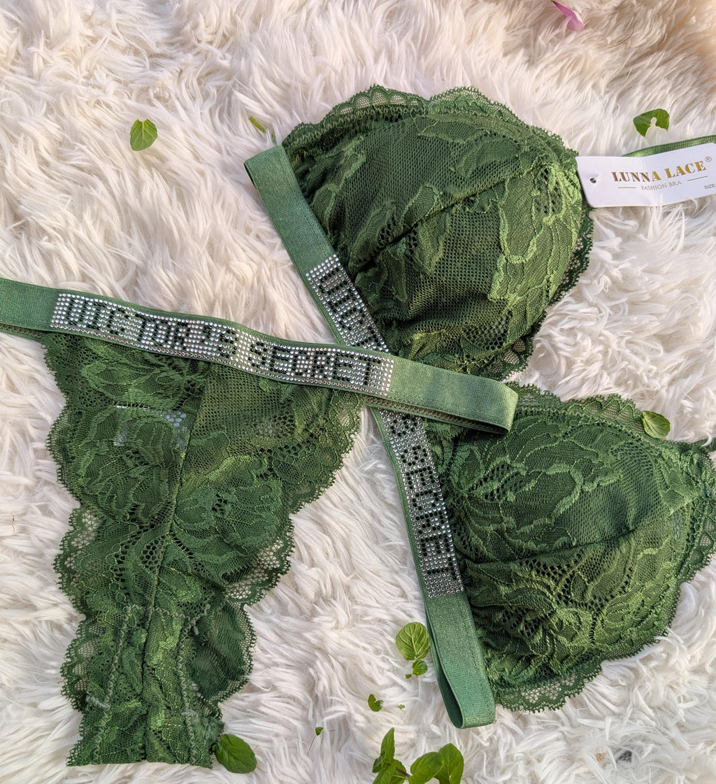 Emerald Elegance Rhinestone Lace Lingerie Set ( Victoria Secret)