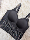 PRESENT" Rhinestone Embellished Padded Bralette Crop Top - Black