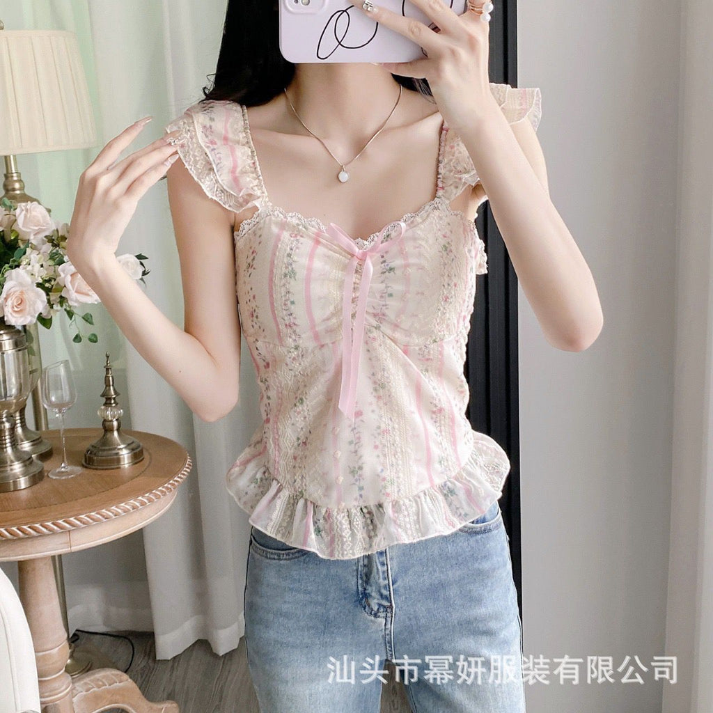 Floral Lace Corset Crop Top with Ruffle Sleeves, Sweetheart Neckline, Pastel Ribbon Detail, Fitted Bustier Style