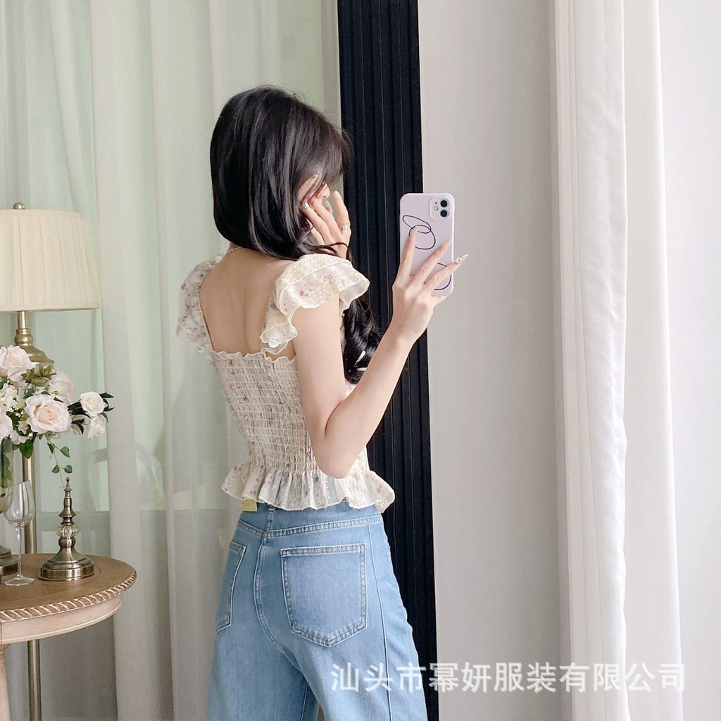 Floral Lace Corset Crop Top with Ruffle Sleeves, Sweetheart Neckline, Pastel Ribbon Detail, Fitted Bustier Style