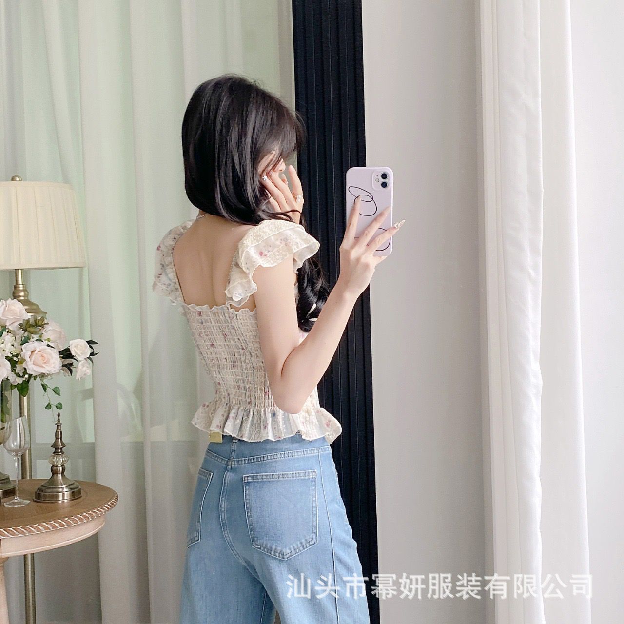 Floral Lace Corset Crop Top with Ruffle Sleeves, Sweetheart Neckline, Pastel Ribbon Detail, Fitted Bustier Style